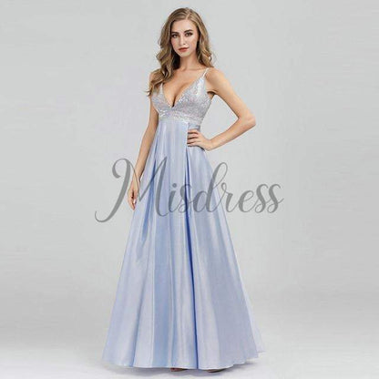 Spaghetti Straps V Neck Sequin Satin Evening Prom Dress - 2 / Blue - Prom Dresses