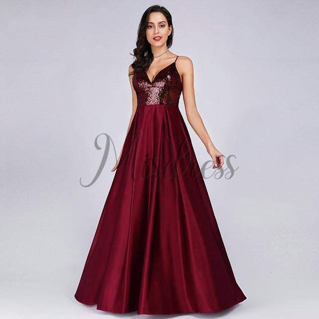 Spaghetti Straps V Neck Sequin Satin Evening Prom Dress - Prom Dresses
