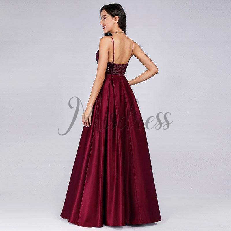 Spaghetti Straps V Neck Sequin Satin Evening Prom Dress - Prom Dresses