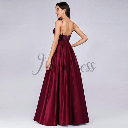 Spaghetti Straps V Neck Sequin Satin Evening Prom Dress - Prom Dresses