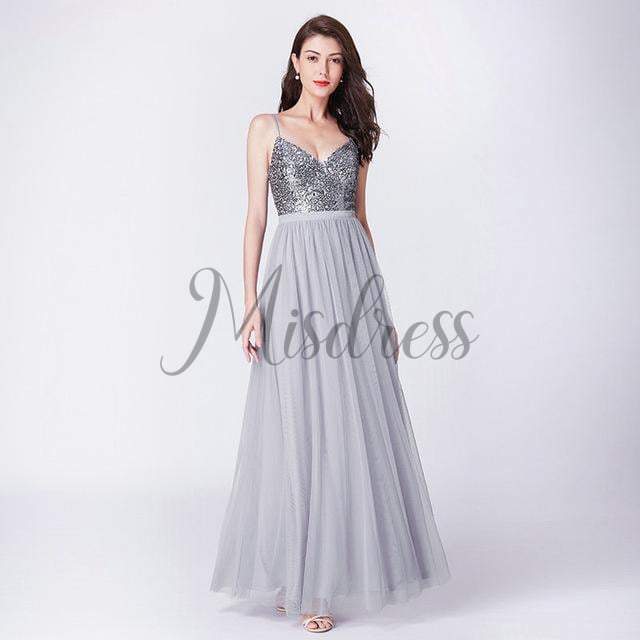 Spaghetti Straps V Neck Sequin Tulle Evening Prom Dress - 2 / Grey - Prom Dresses