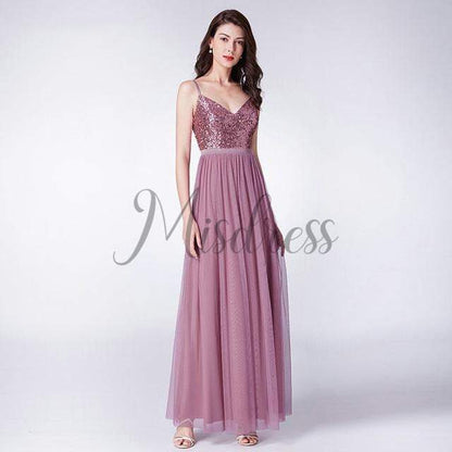 Spaghetti Straps V Neck Sequin Tulle Evening Prom Dress - 2 / Mauve - Prom Dresses