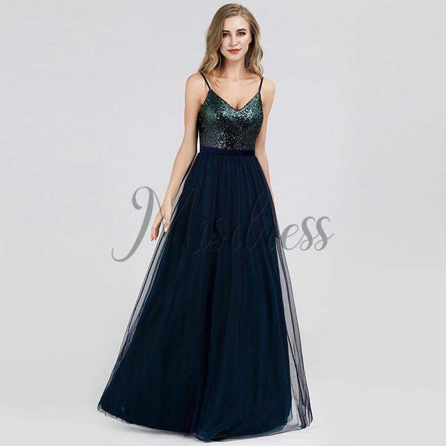 Spaghetti Straps V Neck Sequin Tulle Evening Prom Dress - 2 / Navy Blue - Prom Dresses