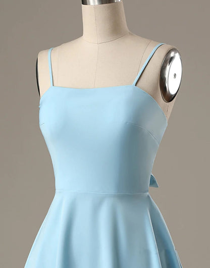 A-Line Spaghetti Straps Short Blue Satin Homecoming Dress 