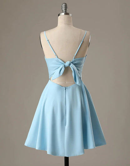 A-Line Spaghetti Straps Short Blue Satin Homecoming Dress 