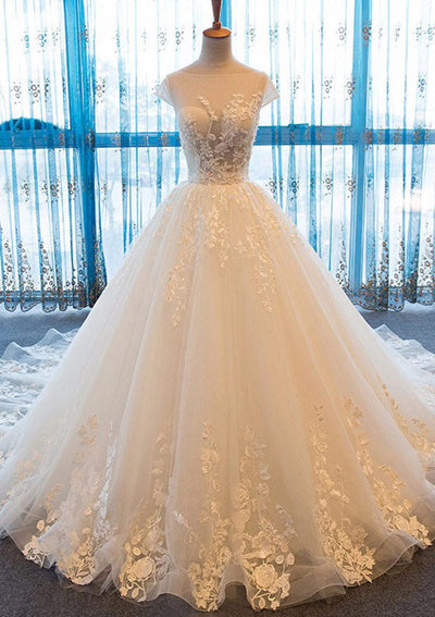 A-Line/Princess Bateau Cap Sleeve Chapel Wedding Dress Lace 