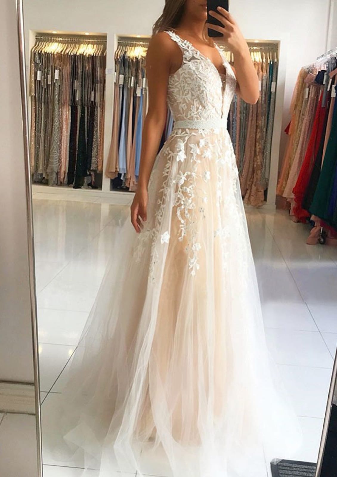 A-line/Princess Champagne Sleeveless Long Tulle Evening 
