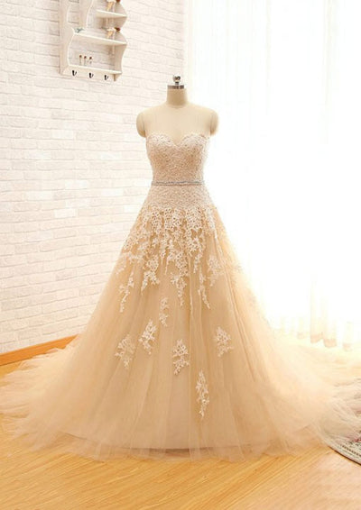 A-Line/Princess Champagne Tulle Wedding Dress Ivory Lace - 