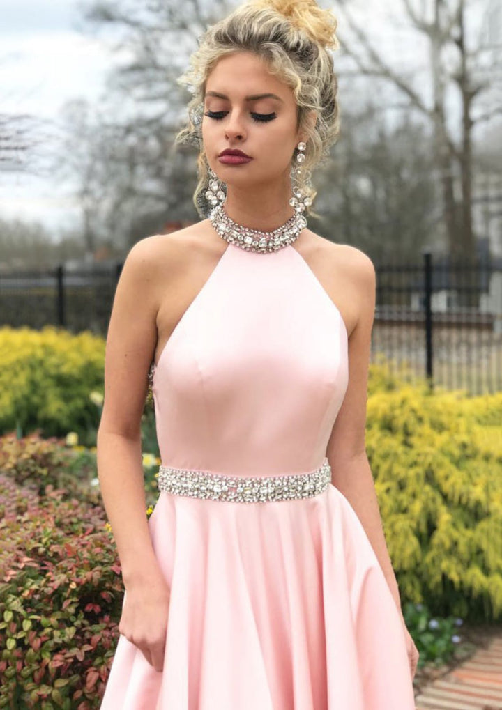 A-line/Princess Jewel Halter Sweep Train Satin Formal Prom Dress, Bead | Misdress A-line/Princess Jewel Halter Sweep Train Satin Formal Prom Dress, Bead | Misdress