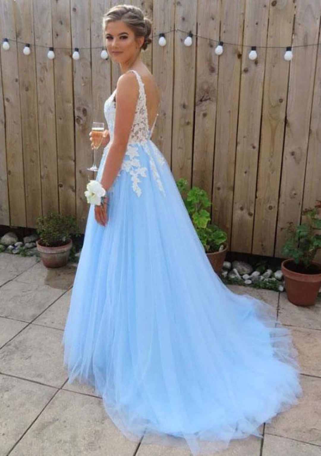 a line princess v neck prom dress A-Line/Princess Tulle Applique V-neck Sleeveless Floor-Length Dresses Prom Dress fg4509