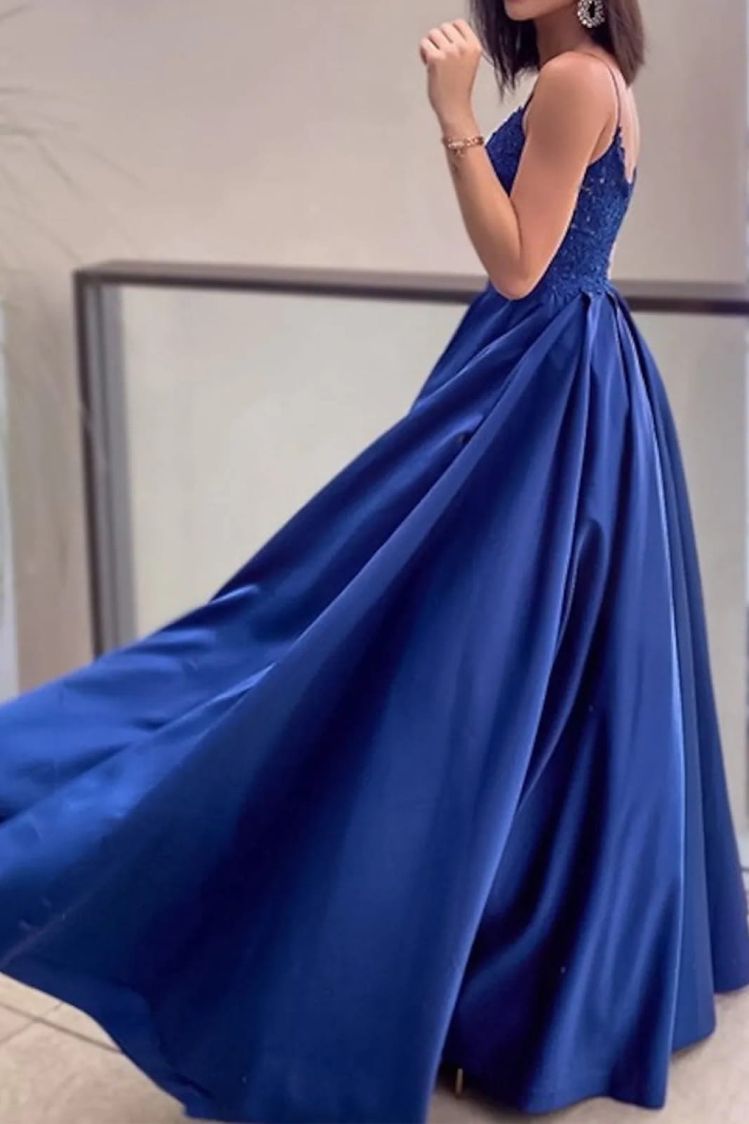 prom dress minimalist Long Prom Dress A-Line Straps V Neck Sleeveless Royal Blue Lace Satin, Pleats