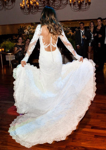 Long Sleeve Illusion Ivory Lace Mermaid Wedding Dress 