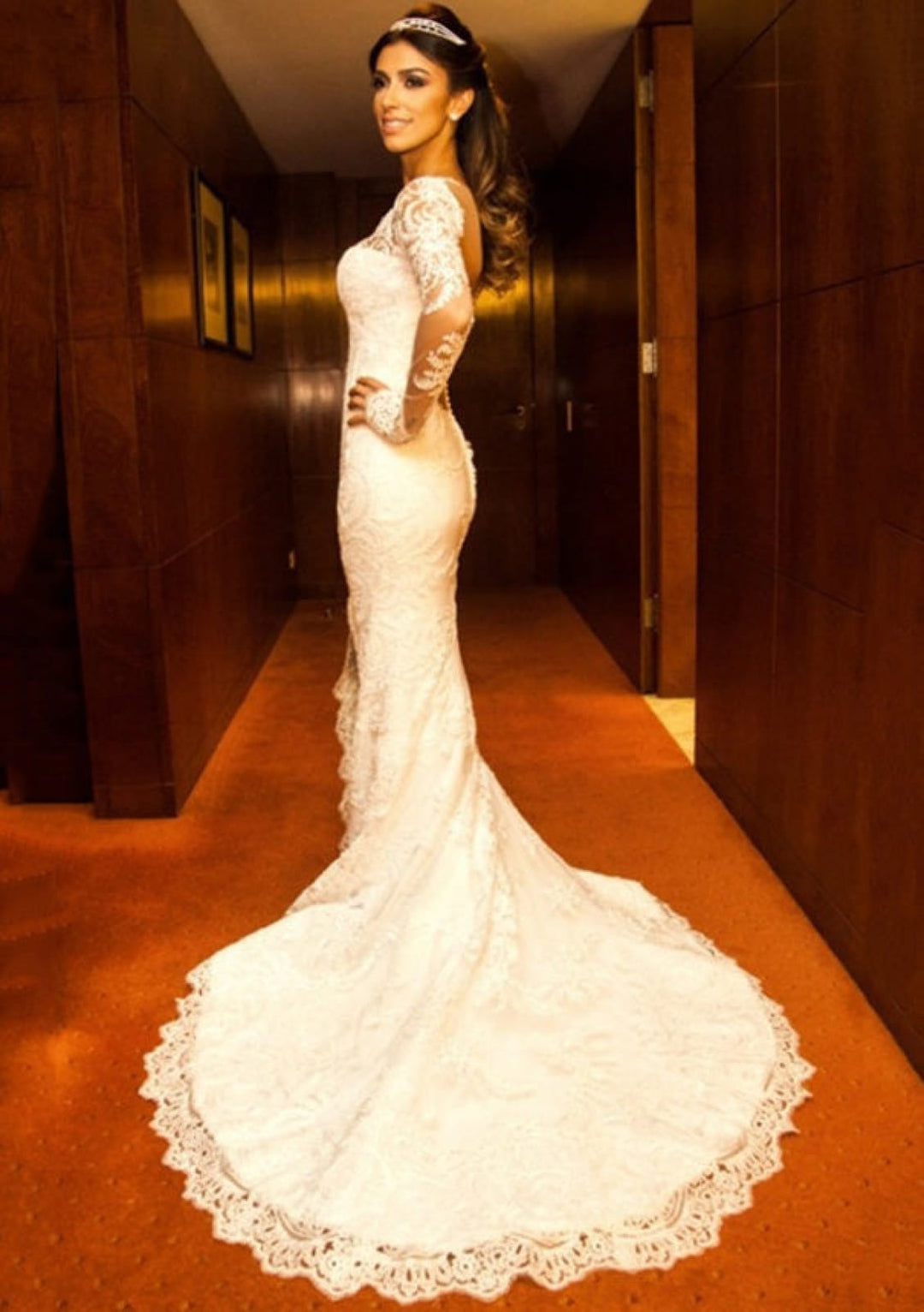 Long Sleeve Illusion Ivory Lace Mermaid Wedding Dress, Buttons Long Sleeve Illusion Ivory Lace Mermaid Wedding Dress, Buttons
