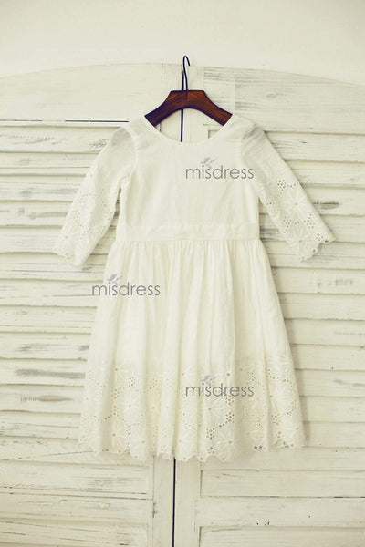 Long Sleeve Ivory Eyelet Cotton Lace Flower Girl Dress - Flower Girl Dresses