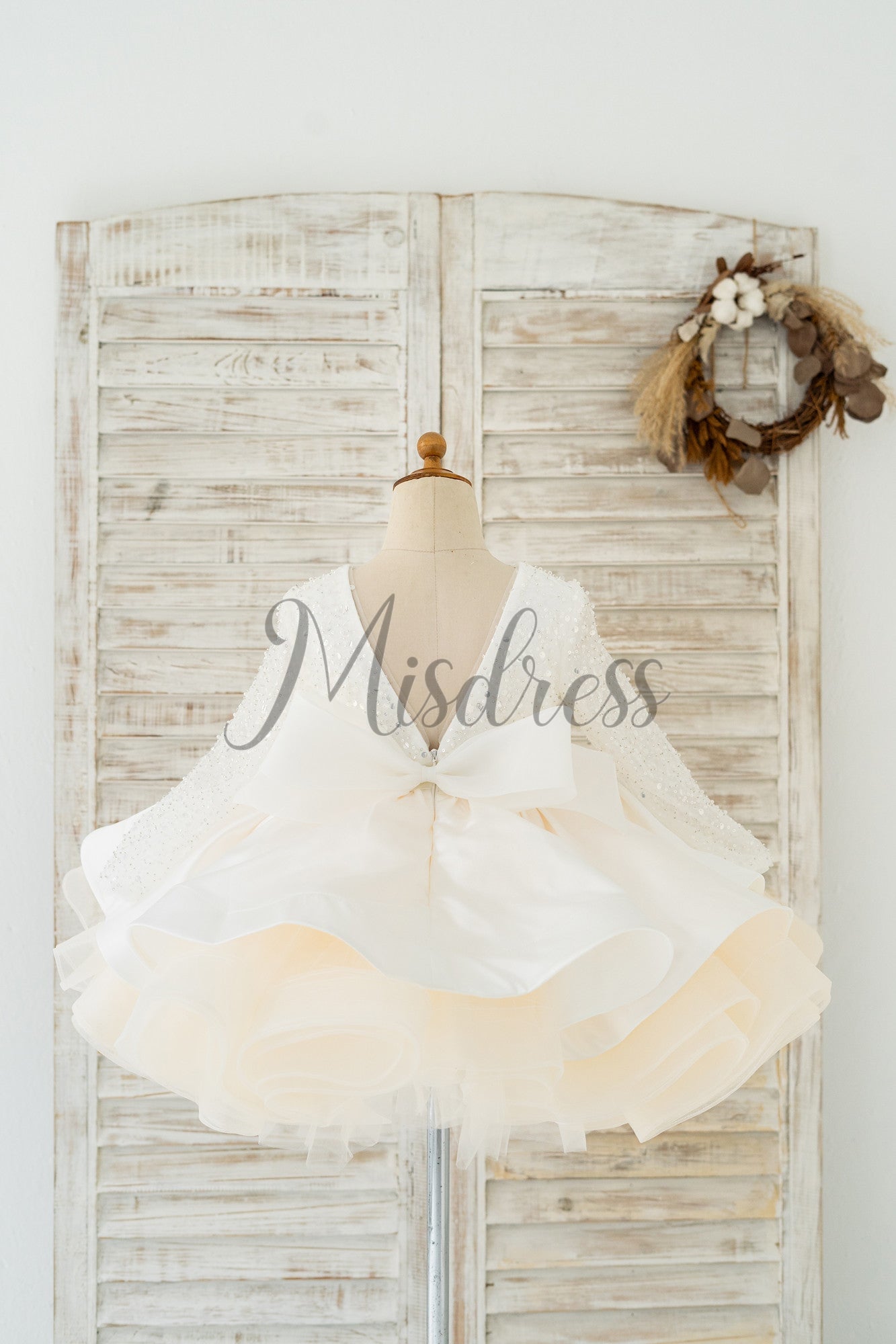 Long Sleeves V Back Crystal Beaded Tulle Satin Wedding Flower Girl Dress Kids Party Dress