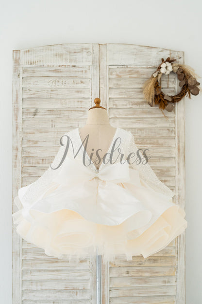 Long Sleeves V Back Crystal Beaded Tulle Satin Wedding Flower Girl Dress Kids Party Dress