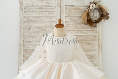 Long Sleeves V Back Crystal Beaded Tulle Satin Wedding Flower Girl Dress Kids Party Dress