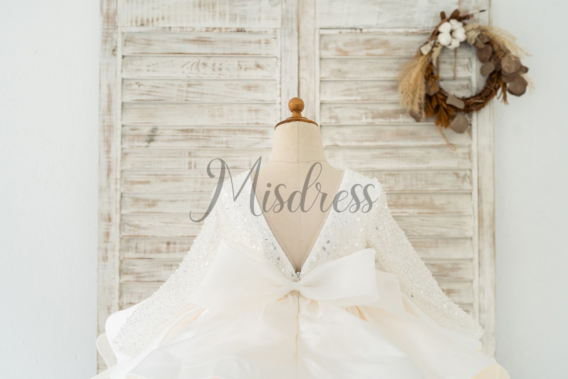 Long Sleeves V Back Crystal Beaded Tulle Satin Wedding Flower Girl Dress Kids Party Dress