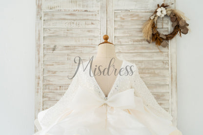 Long Sleeves V Back Crystal Beaded Tulle Satin Wedding Flower Girl Dress Kids Party Dress