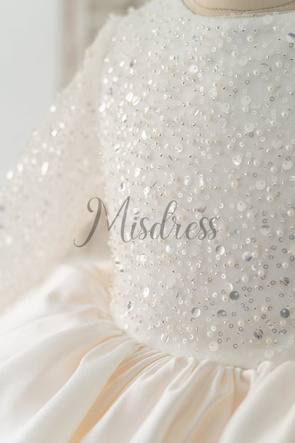 Long Sleeves V Back Crystal Beaded Tulle Satin Wedding Flower Girl Dress Kids Party Dress