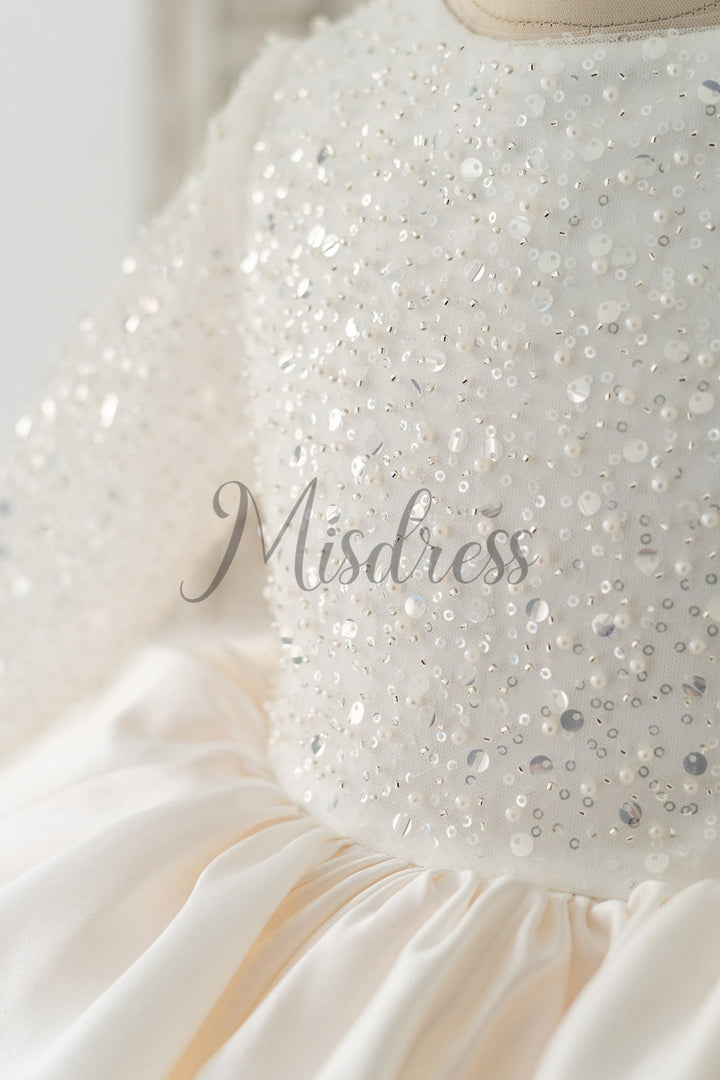 Long Sleeves V Back Crystal Beaded Tulle Satin Wedding Flower Girl