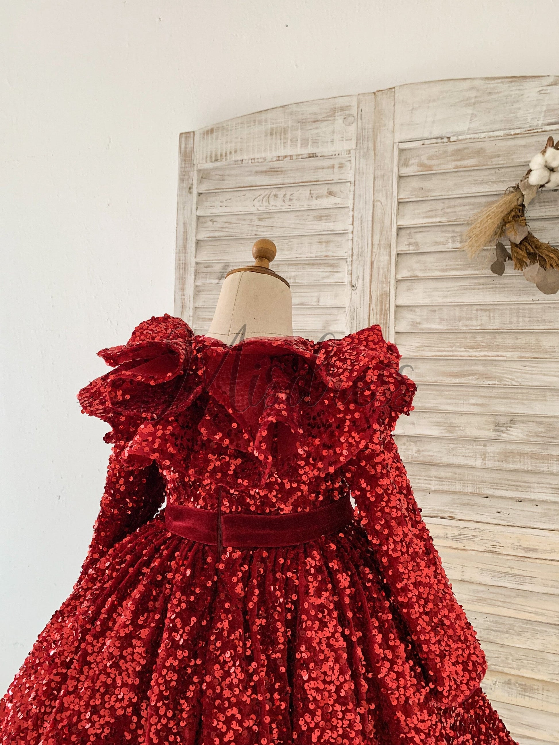 Long Sleeves Burgundy Sequin Ruffles Neck Wedding Flower Girl Dress Kids Party