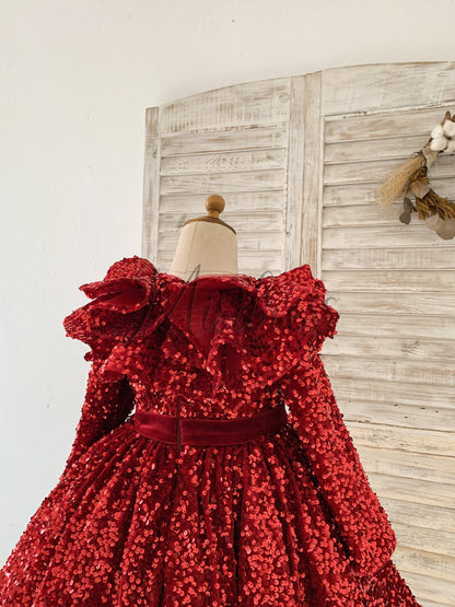 Long Sleeves Burgundy Sequin Ruffles Neck Wedding Flower Girl Dress Kids Party