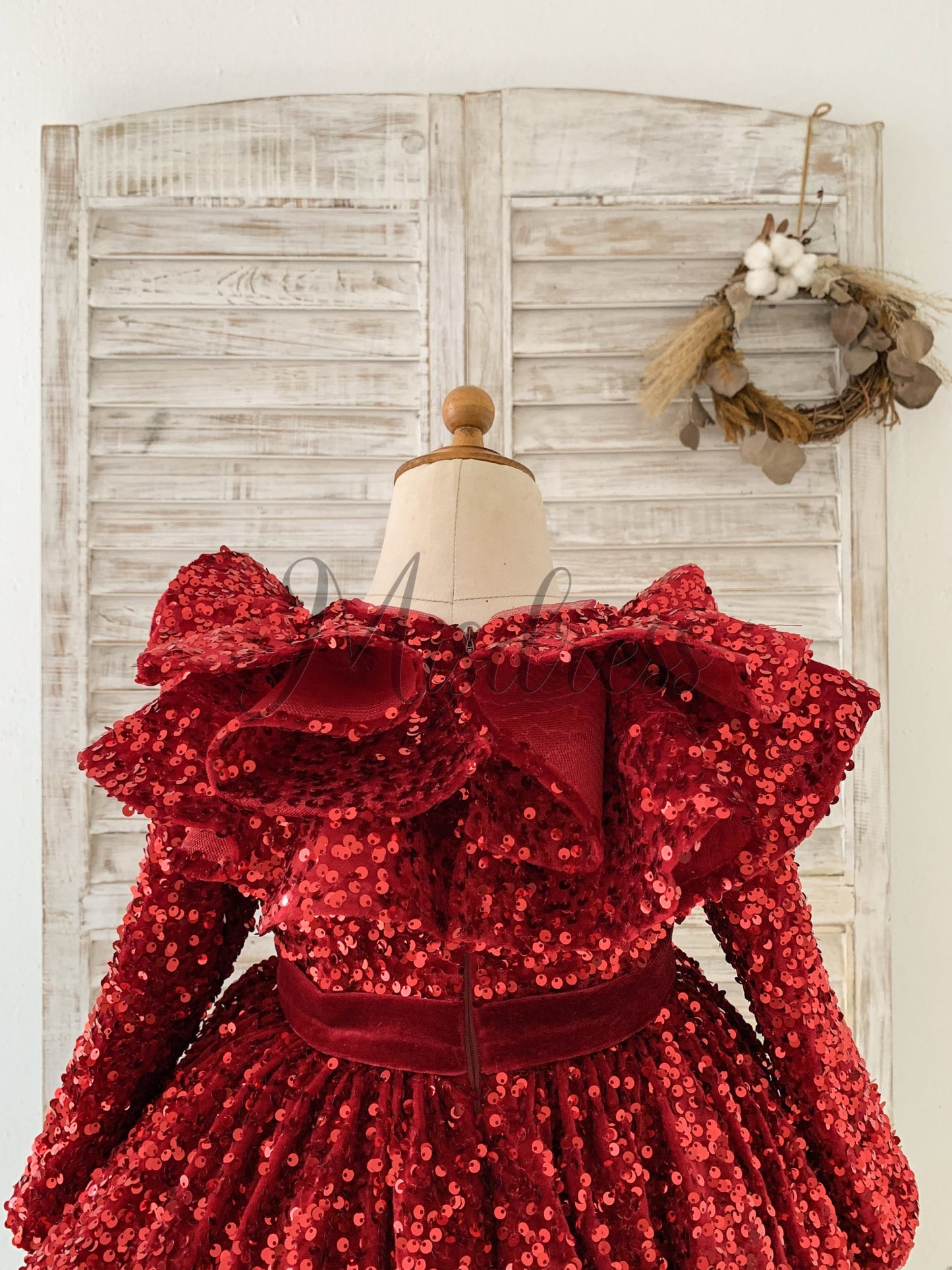 Long Sleeves Burgundy Sequin Ruffles Neck Wedding Flower Girl Dress Kids Party