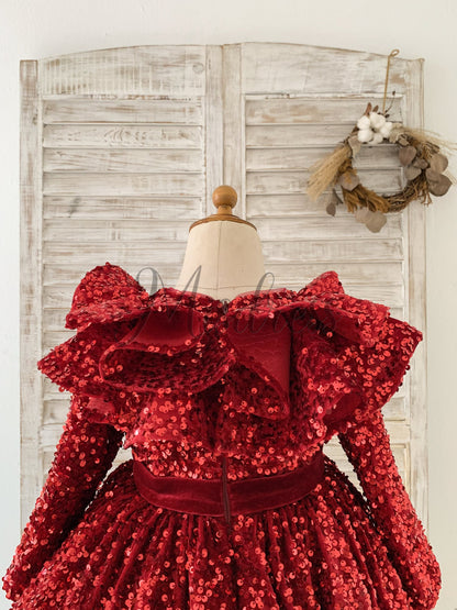 Long Sleeves Burgundy Sequin Ruffles Neck Wedding Flower Girl Dress Kids Party