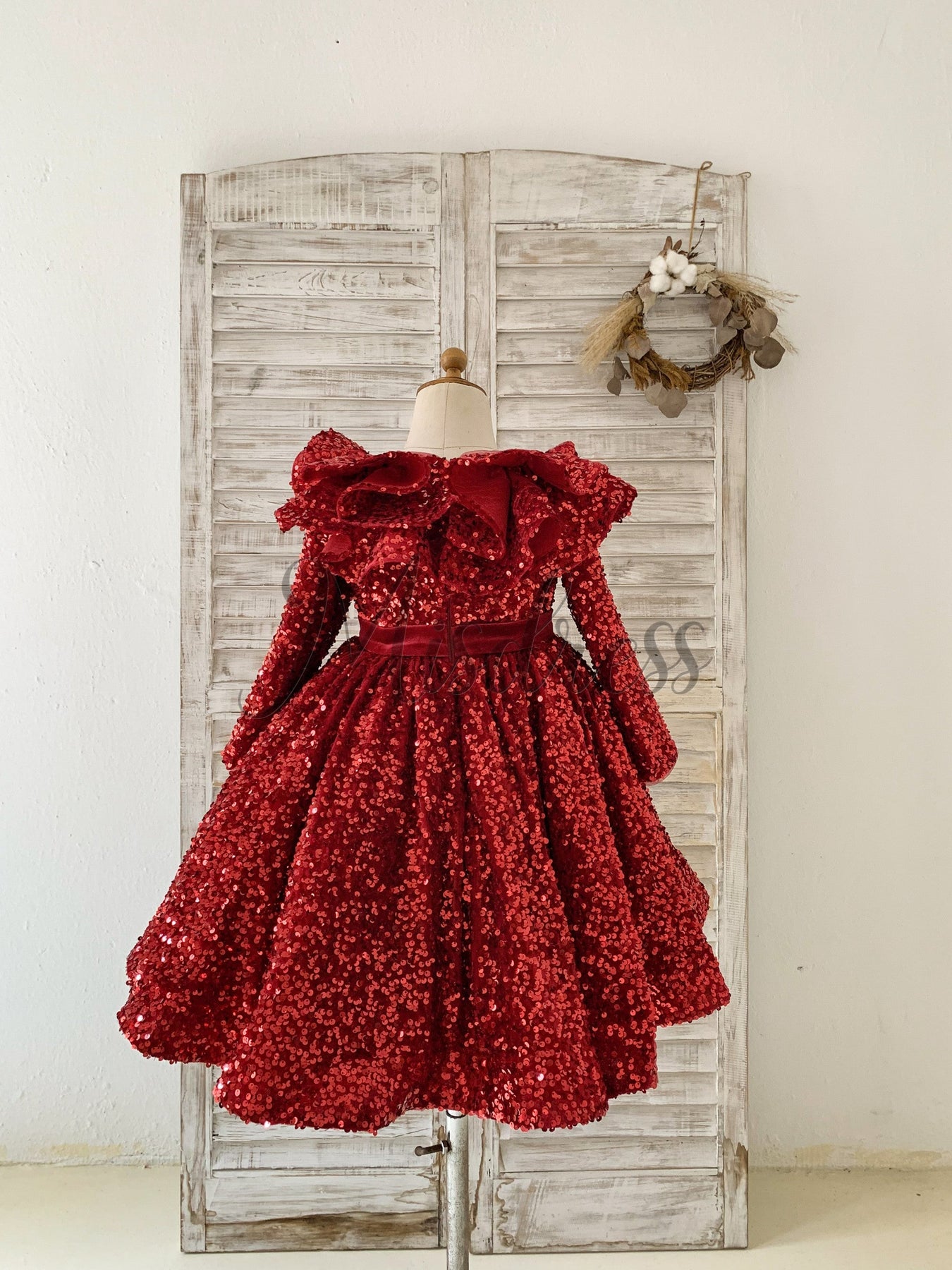 Long Sleeves Burgundy Sequin Ruffles Neck Wedding Flower Girl Dress Kids Party 2T
