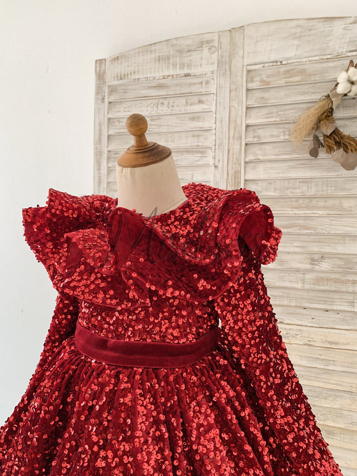 Long Sleeves Burgundy Sequin Ruffle Neck Wedding Flower Girl Dress 6T Long Sleeves Burgundy Sequin Ruffle Neck Wedding Flower Girl Dress 6T
