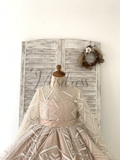 Long Sleeves V Back Glittering Lace Champagne Satin Wedding Flower Girl Dress Kids Party Dress