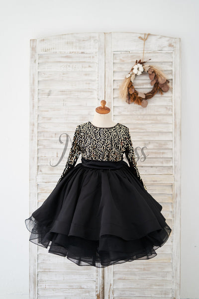 Long Sleeves Gold Sequin Black Satin V Back Wedding Flower Girl Dress Kids Party Dress - 1T