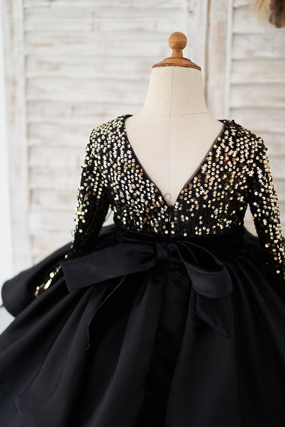 Long Sleeves Gold Sequin Black Satin V Back Wedding Flower Girl Dress Kids Party Dress