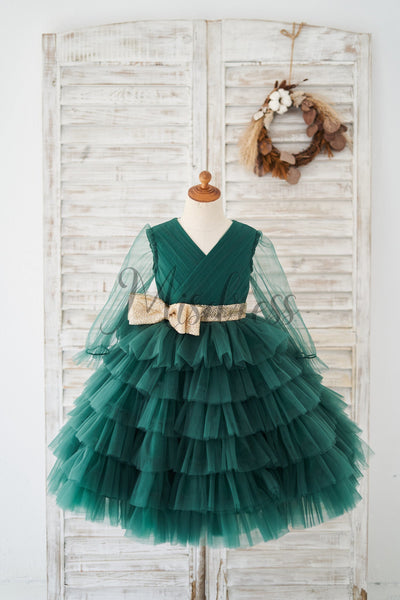 Long Sleeves Green Tulle Cupcake Wedding Flower Girl Dress Kids Party Dress - 1T