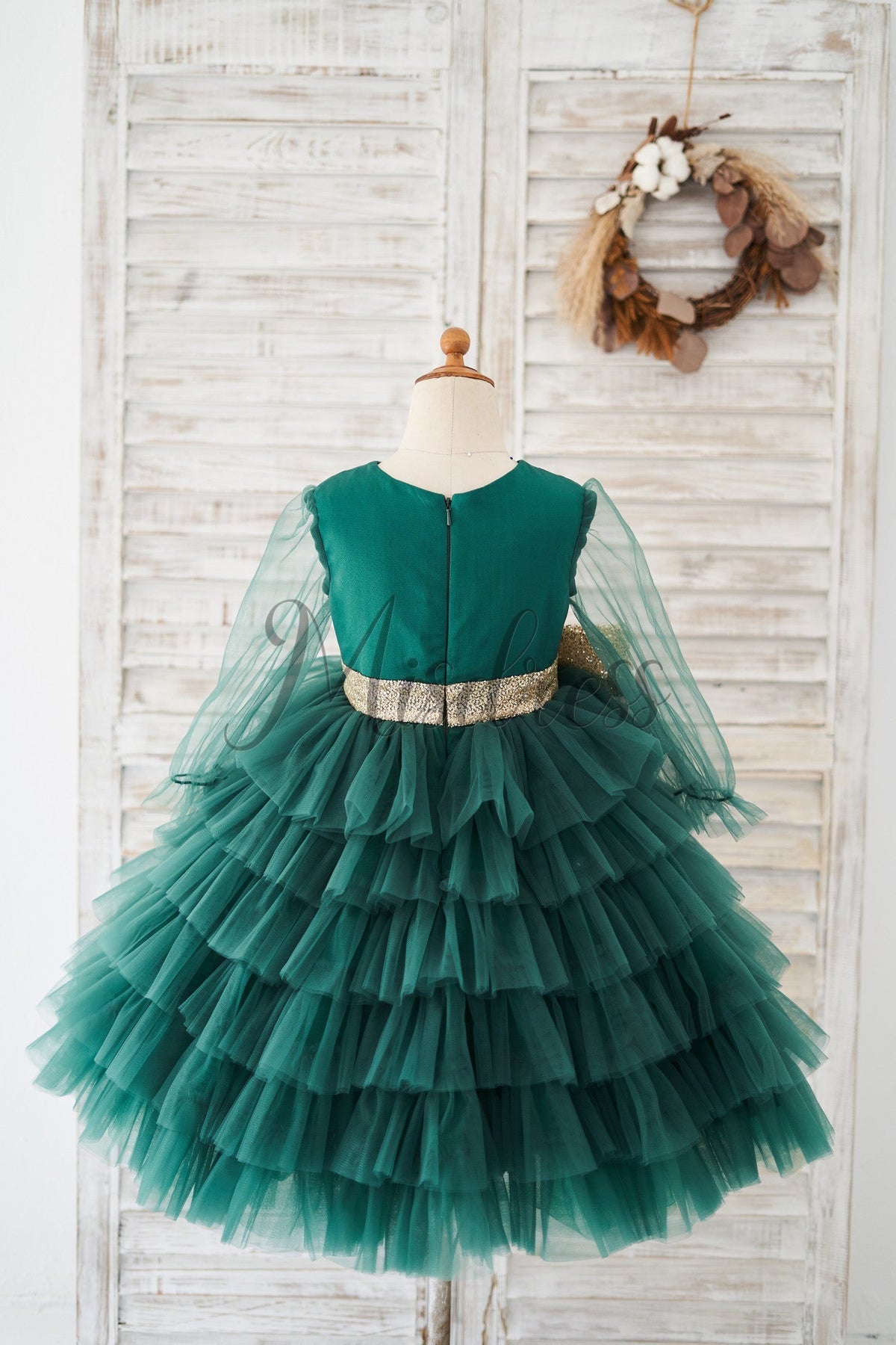 Long Sleeves Green Tulle Cupcake Wedding Party Flower Girl Dress 8T Long Sleeves Green Tulle Cupcake Wedding Party Flower Girl Dress 8T