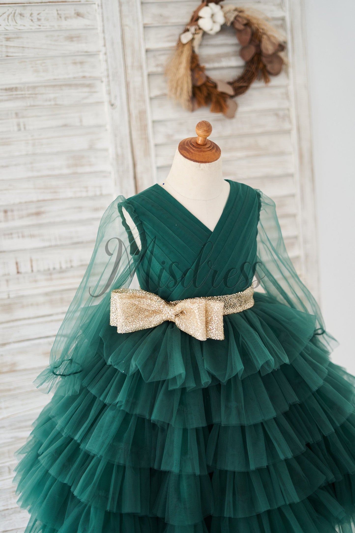 Long Sleeves Green Tulle Cupcake Wedding Flower Girl Dress Kids Party Dress
