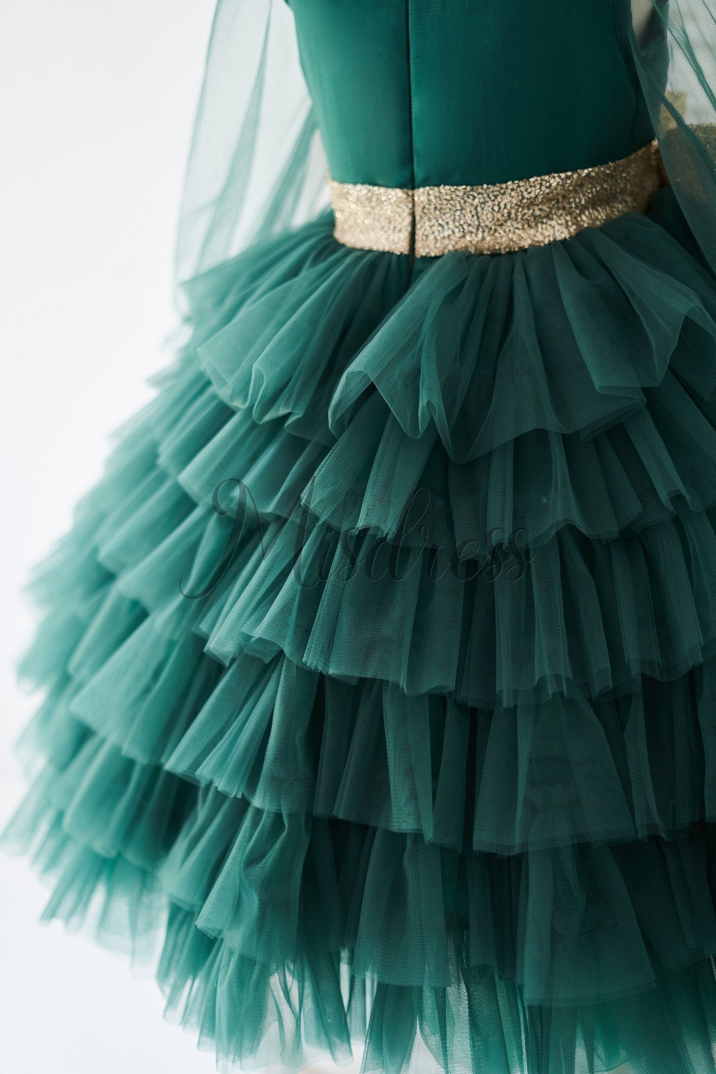 Long Sleeves Green Tulle Cupcake Wedding Flower Girl Dress Kids Party Dress