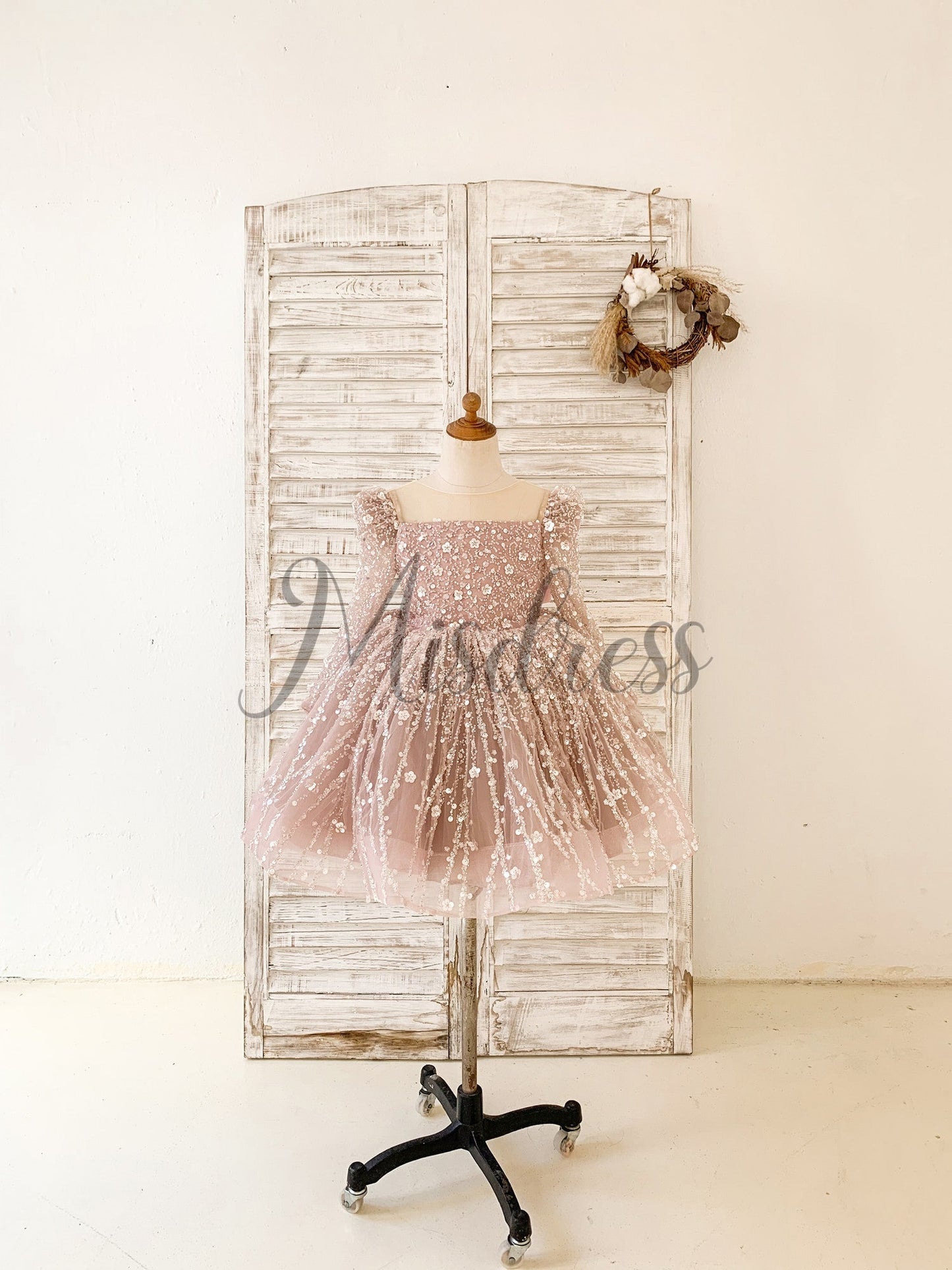 Long Sleeves Mauve Crystal Beaded Wedding Flower Girl Dress Birthday Dress