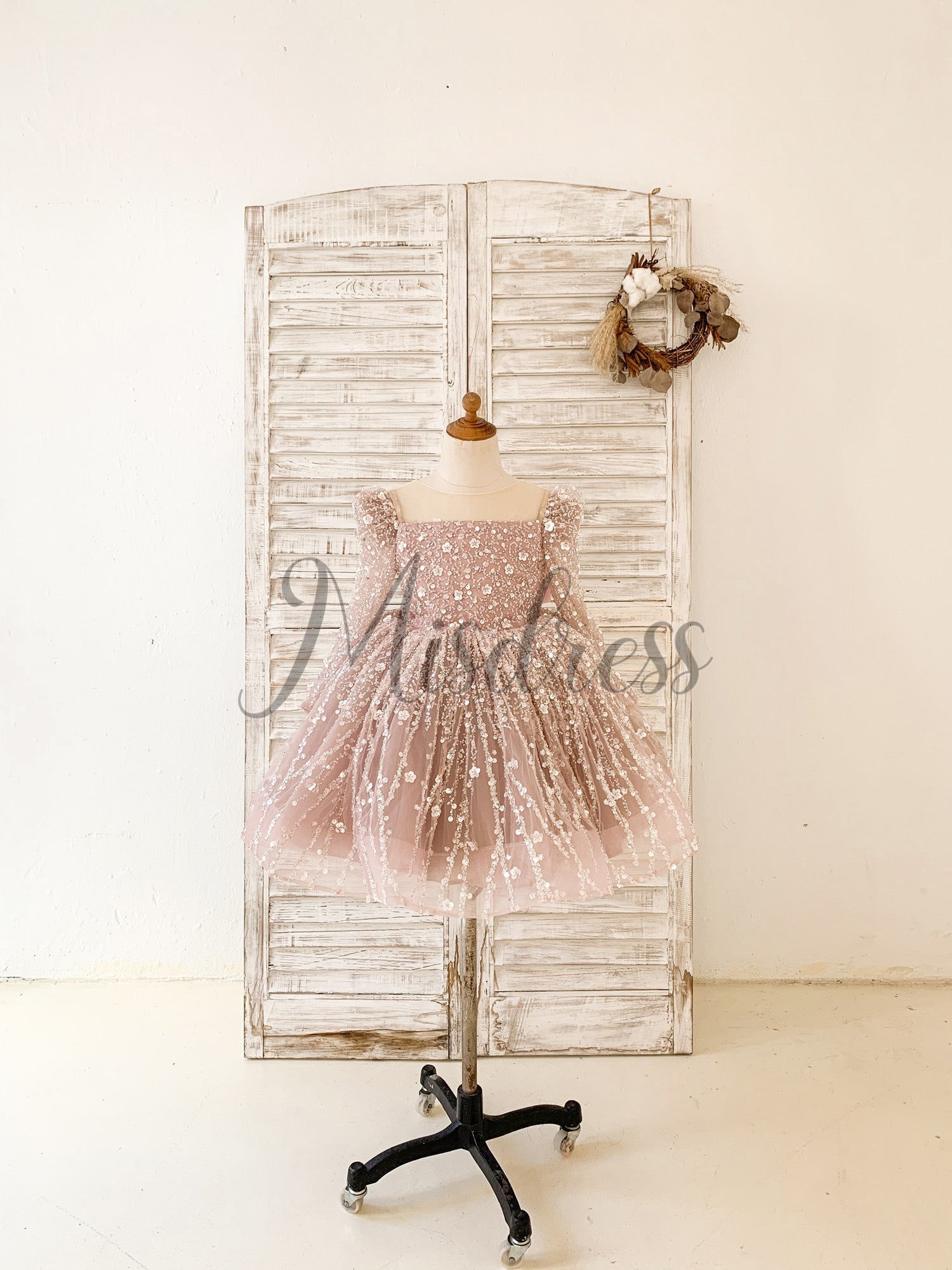 Long Sleeves Mauve Crystal Beaded Wedding Flower Girl Dress Birthday Dress