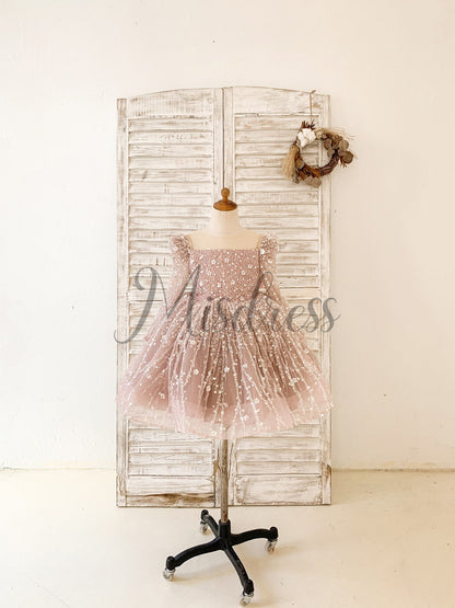 Long Sleeves Mauve Crystal Beaded Wedding Flower Girl Dress Birthday Dress