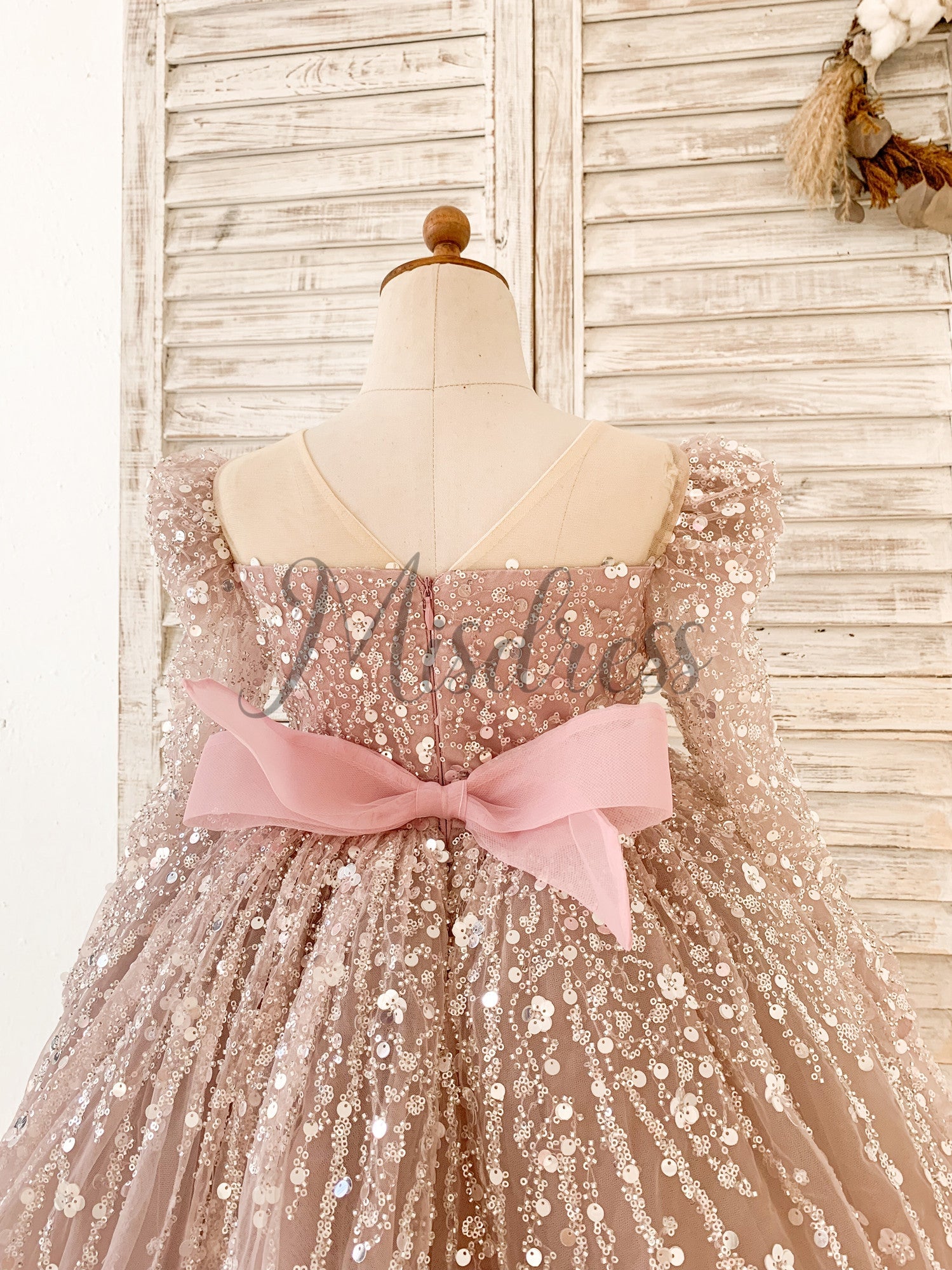 Long Sleeves Mauve Crystal Beaded Wedding Flower Girl Dress Birthday Dress