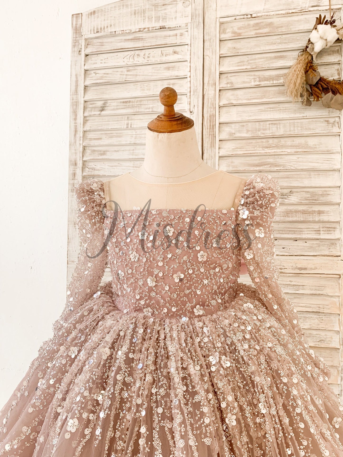 Long Sleeves Mauve Crystal Beaded Wedding Flower Girl Dress Birthday Dress