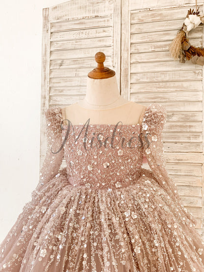 Long Sleeves Mauve Crystal Beaded Wedding Flower Girl Dress Birthday Dress