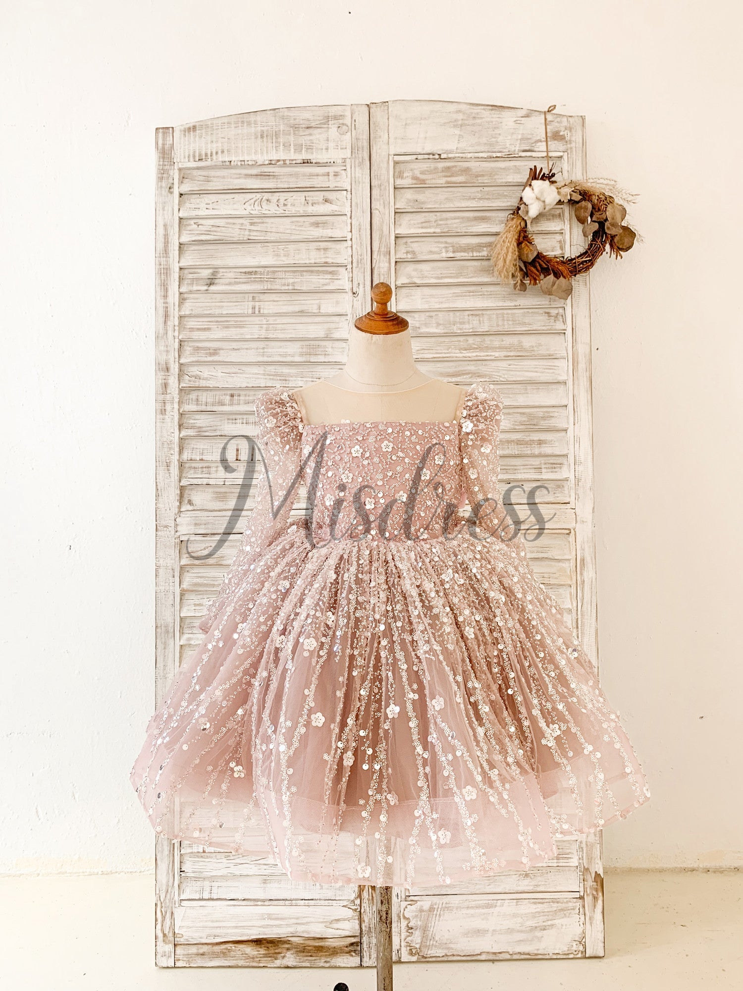 Long Sleeves Mauve Crystal Beaded Wedding Flower Girl Dress Birthday Dress