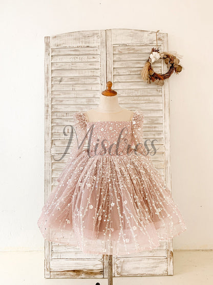 Long Sleeves Mauve Crystal Beaded Wedding Flower Girl Dress Birthday Dress