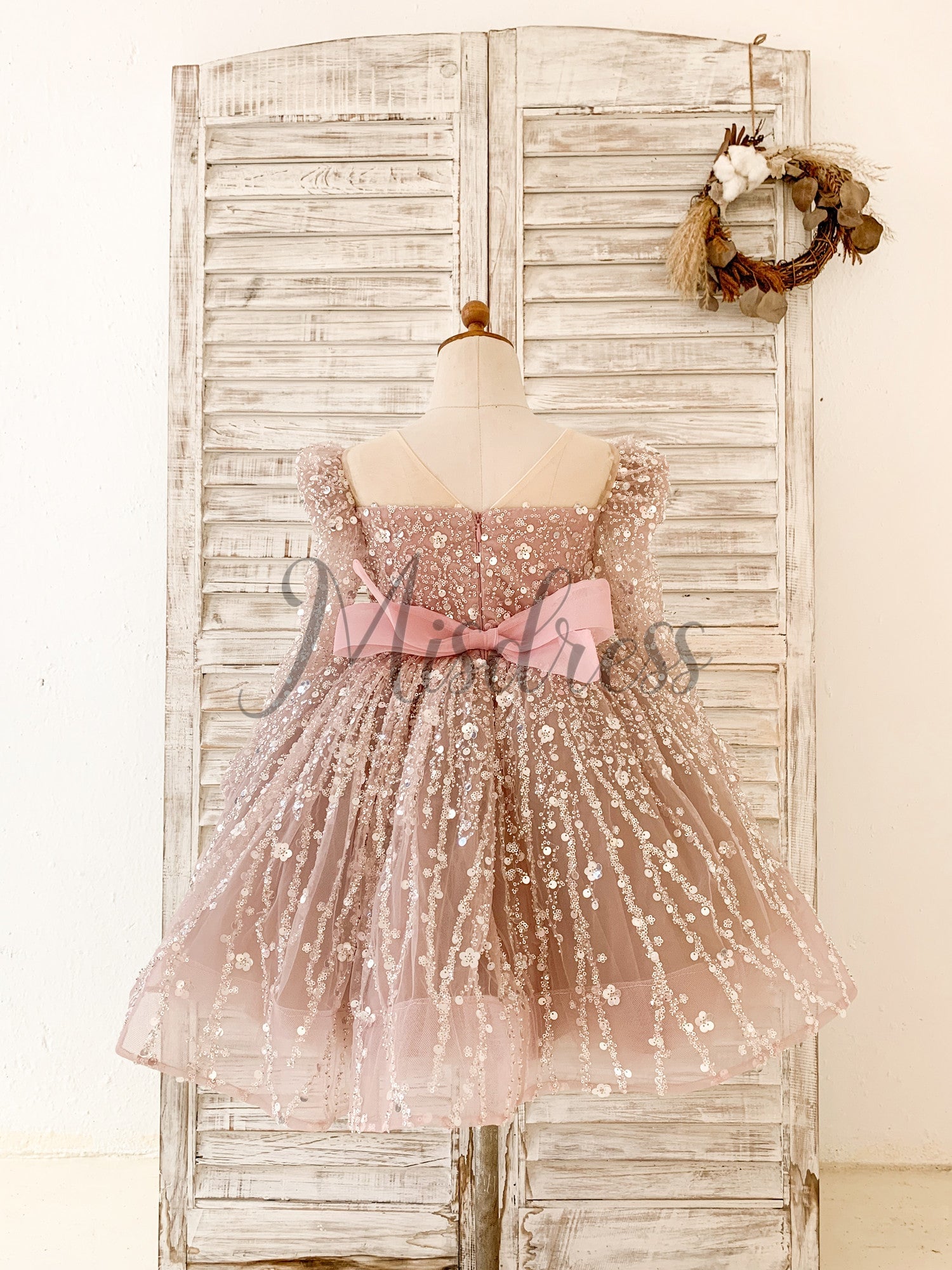 Long Sleeves Mauve Crystal Beaded Wedding Flower Girl Dress Birthday Dress