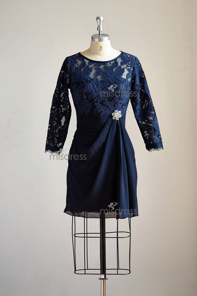 Long Sleeves Navy Blue Chiffon Lace Short Knee Length Mother of Bride Dress / Wedding Mother Dress - Mother of Bride Dresses