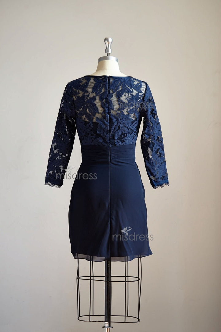 Long Sleeves Navy Blue Chiffon Lace Short Wedding Mother Bride