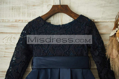 Long Sleeves Navy Blue Lace Satin Wedding Flower Girl Dress with Belt - Flower Girl Dresses